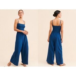 Pilcro Anthropologie Smocked Wide Leg Denim Jumpsuit Indigo Blue